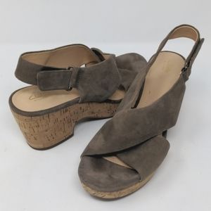Clarks Artisan Maritsa Lara Taupe Suede Slingback Cork Platforms